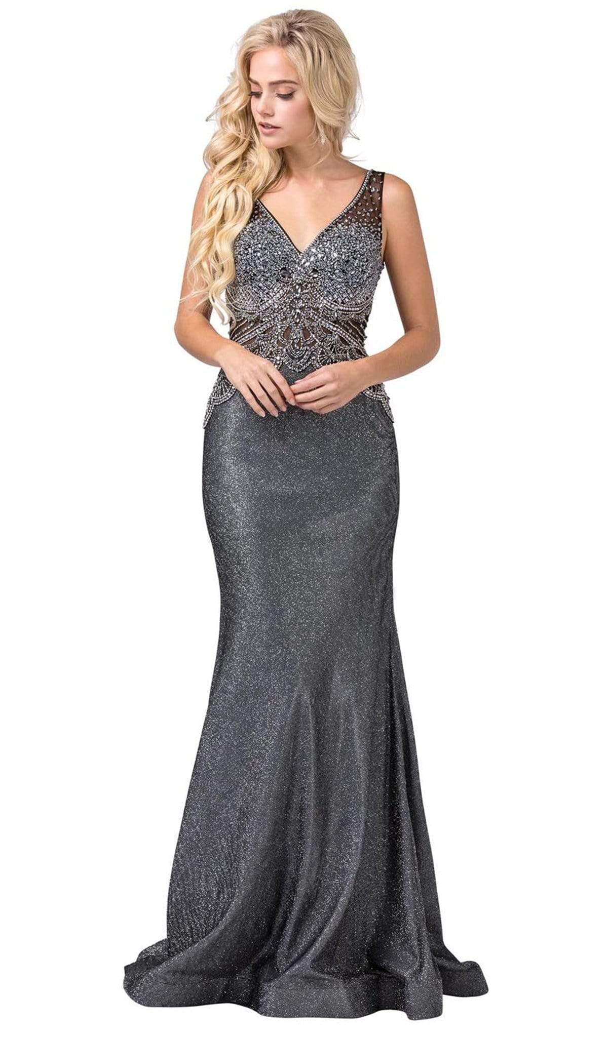 Dancing Queen - 2663 Embellished V-neck Trumpet Dress Evening Dresses XS / Charcoal