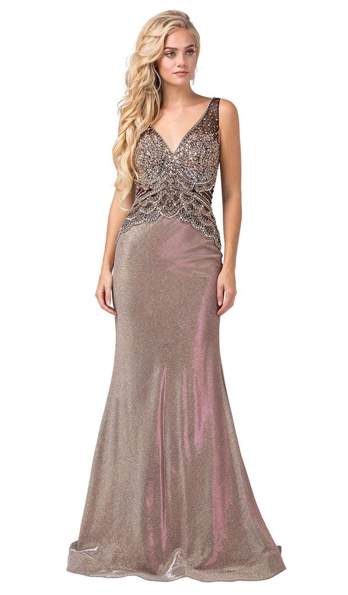 Dancing Queen - 2663 Embellished V-neck Trumpet Dress Evening Dresses XS / Rose Gold