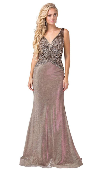 Dancing Queen - 2663 Embellished V-neck Trumpet Dress Evening Dresses XS / Rose Gold