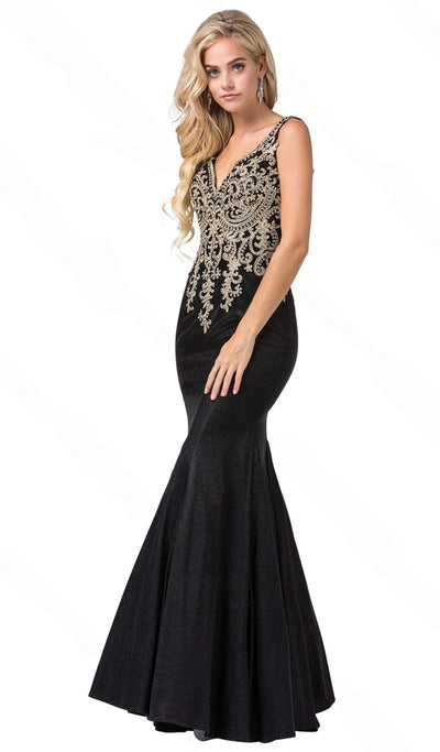 Dancing Queen - 2668 Appliqued V-Neck Trumpet Prom Dress Special Occasion Dress XS / Black