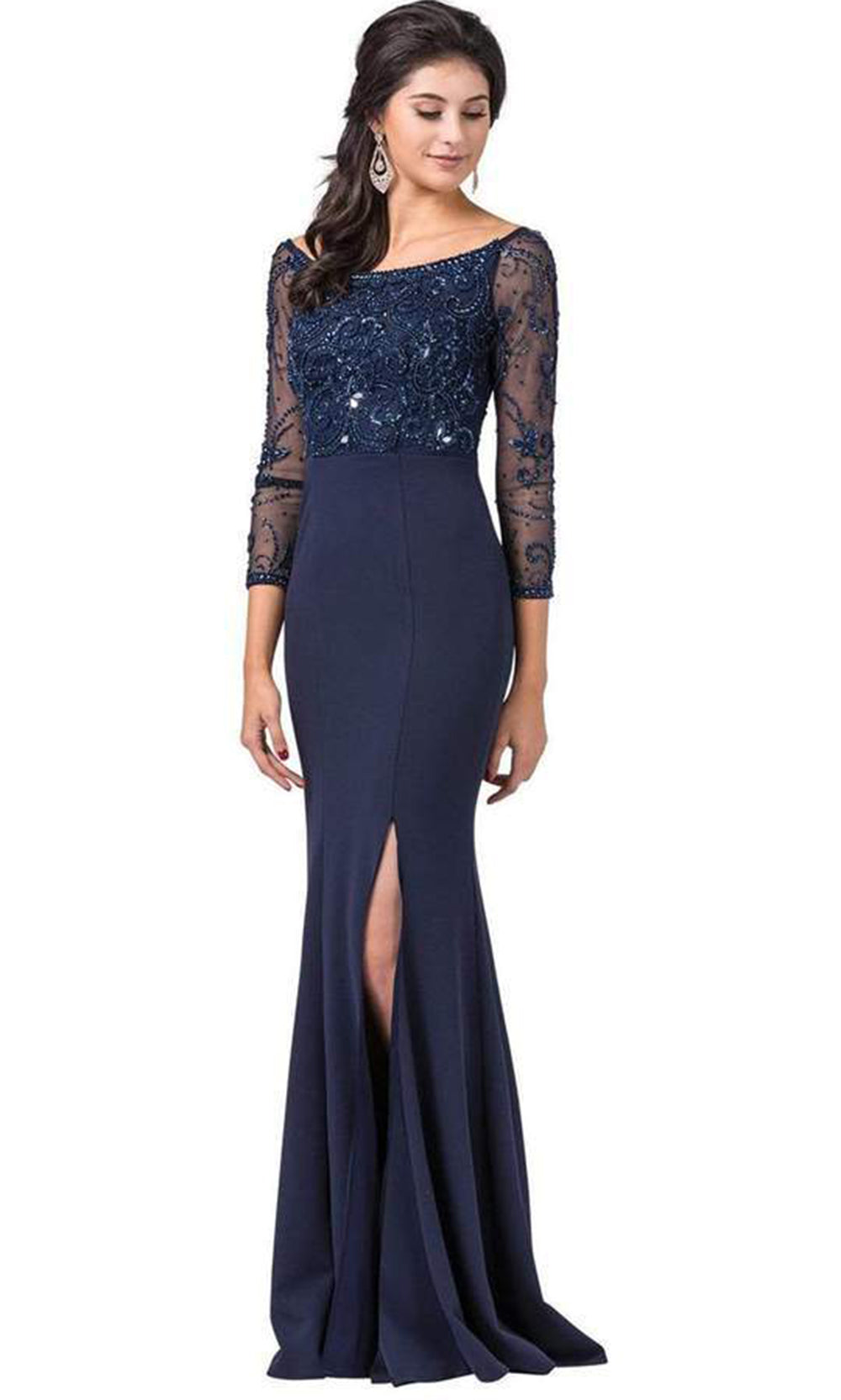Dancing Queen - 2672 Bateau Neck Sheer Sleeves Embellished Bodice Fitted Long Dress In Blue
