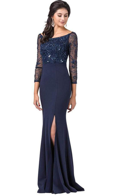 Dancing Queen - 2672 Bateau Neck Sheer Sleeves Embellished Bodice Fitted Long Dress In Blue