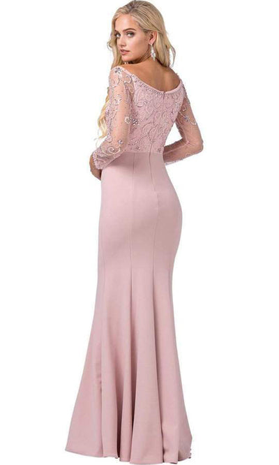Dancing Queen - 2672 Bateau Neck Sheer Sleeves Embellished Bodice Fitted Long Dress In Pink