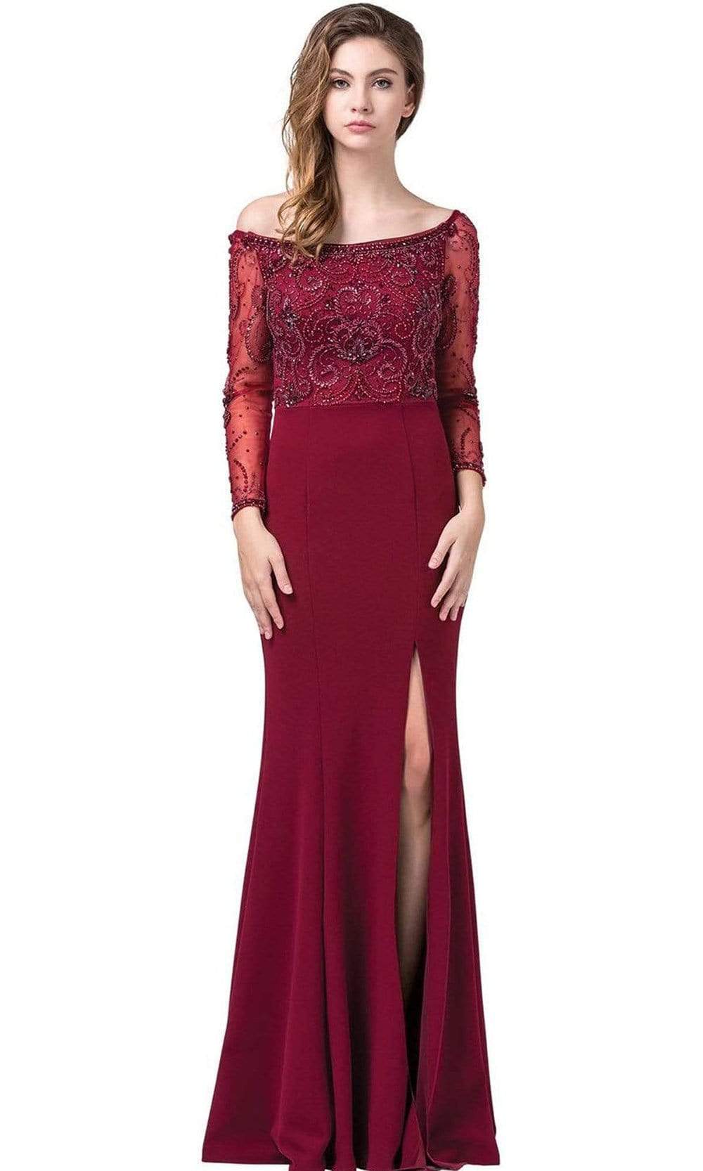 Dancing Queen - 2672 Embellished Long Sleeve Bateau Sheath Gown Special Occasion Dress XS / Burgundy
