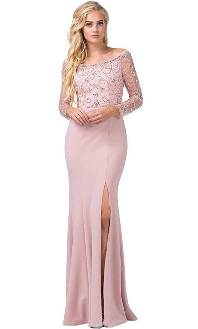 Dancing Queen - 2672 Embellished Long Sleeve Bateau Sheath Gown Special Occasion Dress XS / Dusty Pink