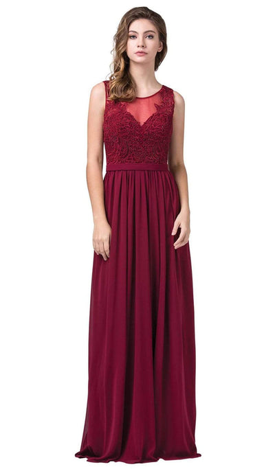 Dancing Queen - 2677 Illusion Neckline Beaded Lace Bodice Chiffon Gown Evening Dresses XS / Burgundy