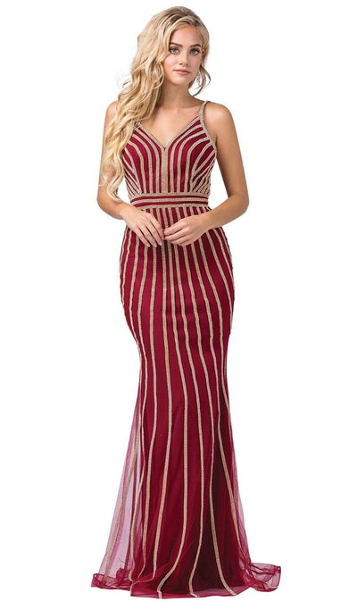 Dancing Queen - 2679 Embellished V-neck Long Trumpet Dress Special Occasion Dress XS / Burgundy