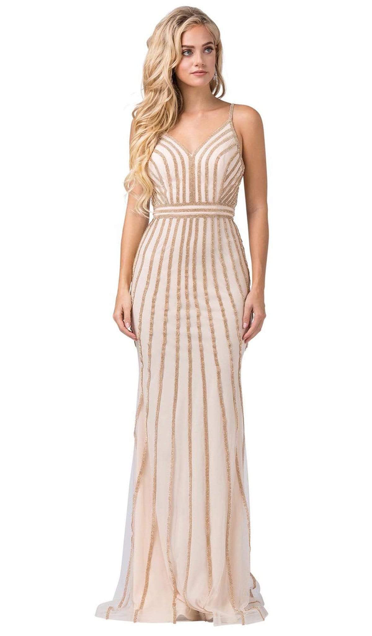 Dancing Queen - 2679 Embellished V-neck Long Trumpet Dress Special Occasion Dress XS / Champagne