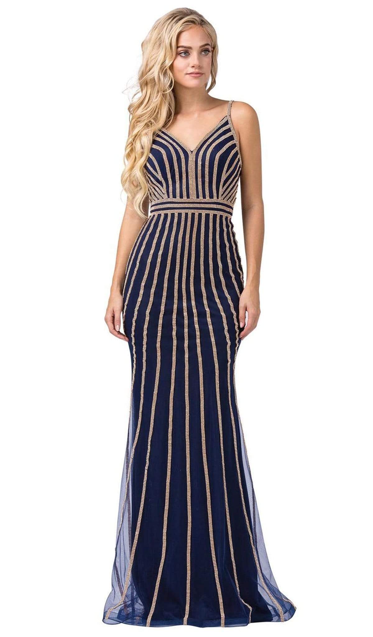 Dancing Queen - 2679 Embellished V-neck Long Trumpet Dress Special Occasion Dress XS / Navy