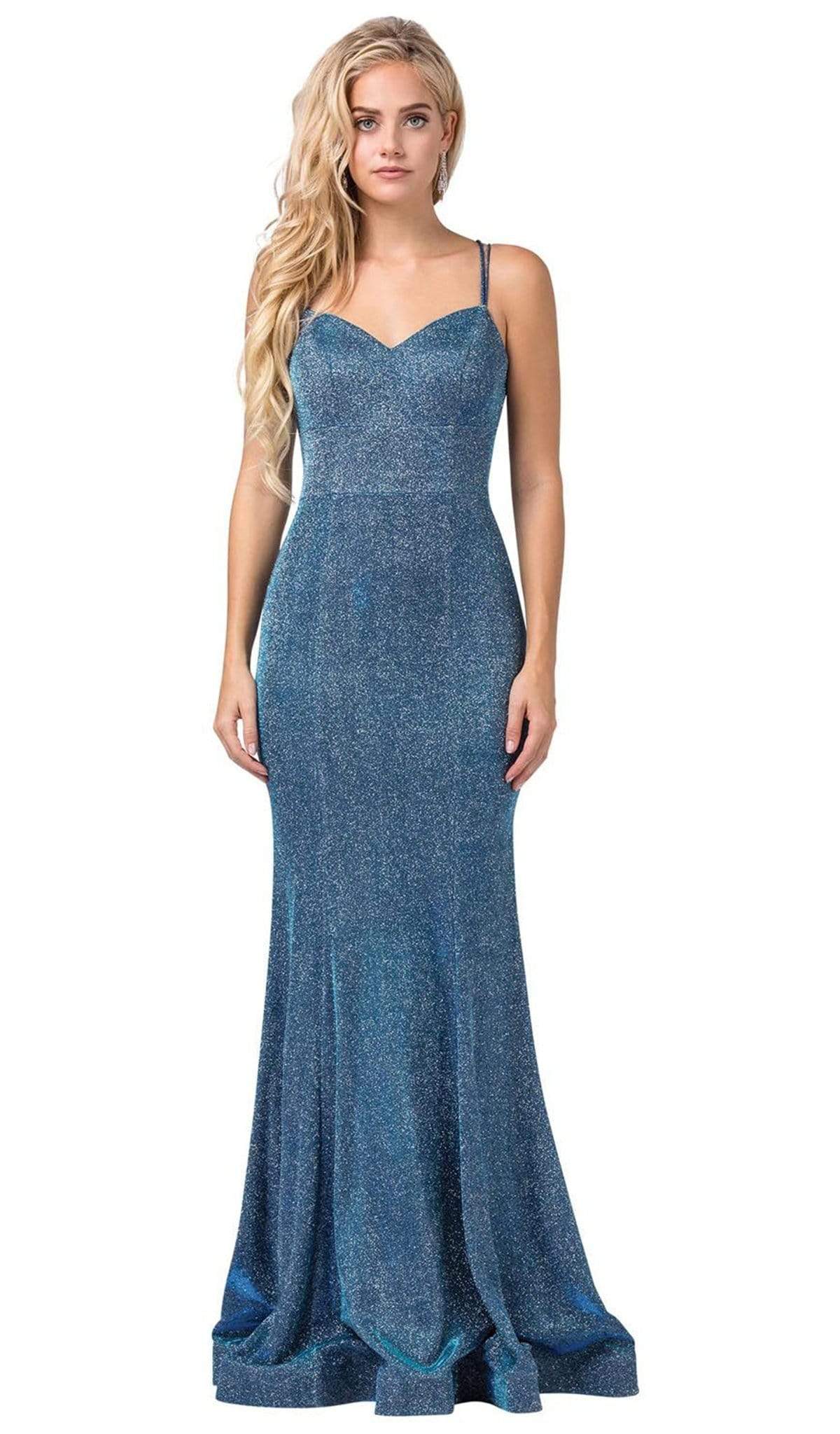 Dancing Queen - 2698 Lace-up Back Metallic Jersey Mermaid Gown Special Occasion Dress XS / Blue