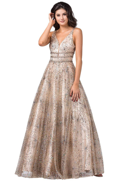 Dancing Queen - 2741 Embellished Deep V-neck A-line Gown Prom Dresses XS / Gold