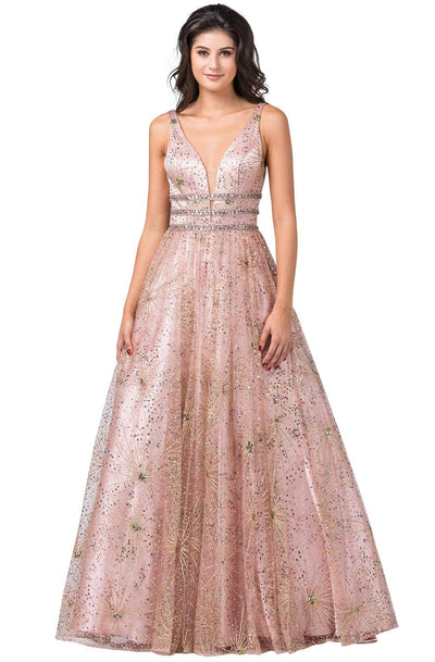 Dancing Queen - 2741 Embellished Deep V-neck A-line Gown Prom Dresses XS / Rose Gold