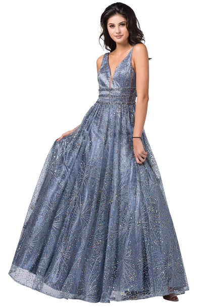 Dancing Queen - 2741 Embellished Deep V-neck A-line Gown Prom Dresses XS / Steel Blue