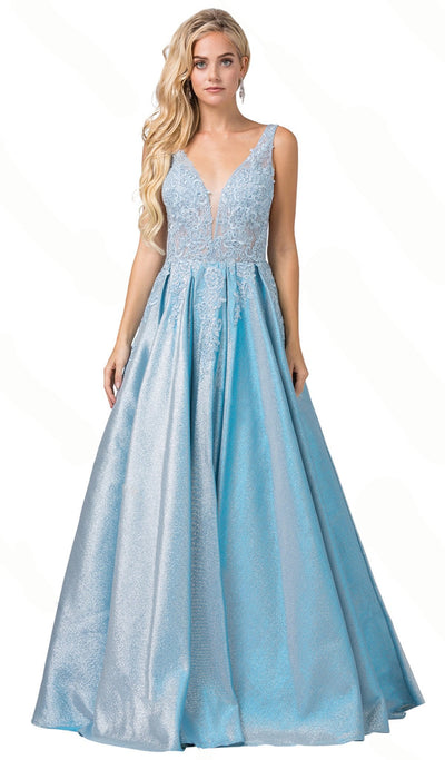 Dancing Queen - 2747 Lace Appliqued Pleated A-Line Prom Dress Special Occasion Dress XS / Sky Blue