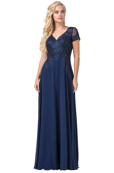 Dancing Queen - 2757 Short Sleeve Jewel Appliqued A-Line Gown Special Occasion Dress XS / Navy