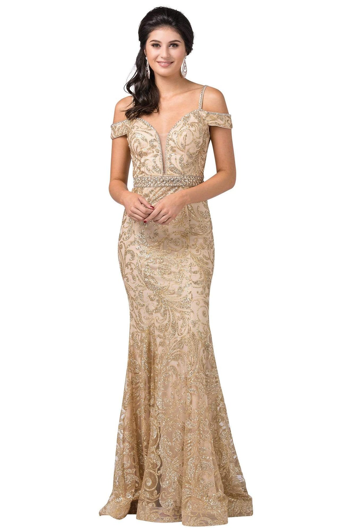 Dancing Queen - 2772 Embellished Deep Off-Shoulder Trumpet Dress Evening Dresses XS / Gold