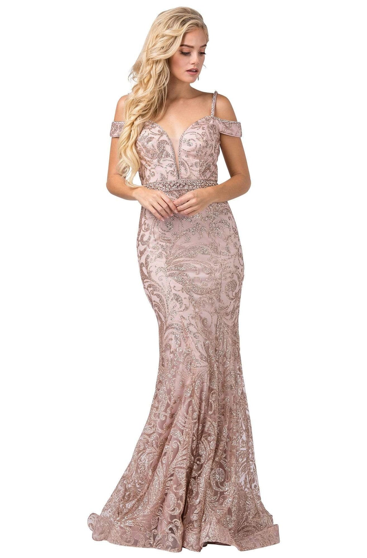 Dancing Queen - Glitter Ornate Trumpet Prom Dress 2772 In Pink and Gold