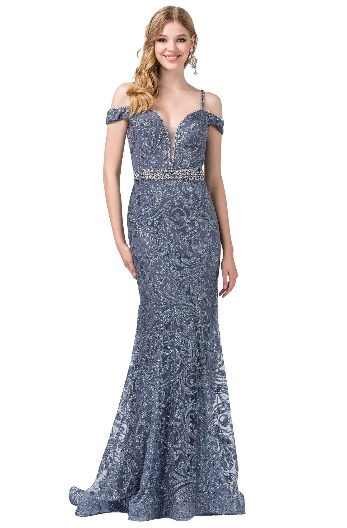 Dancing Queen - 2772 Embellished Deep Off-Shoulder Trumpet Dress Evening Dresses XS / Steel Blue