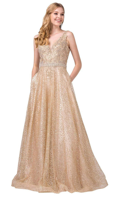 Dancing Queen - 2775 Embellished V-neck Long A-line Dress Special Occasion Dress XS / Gold