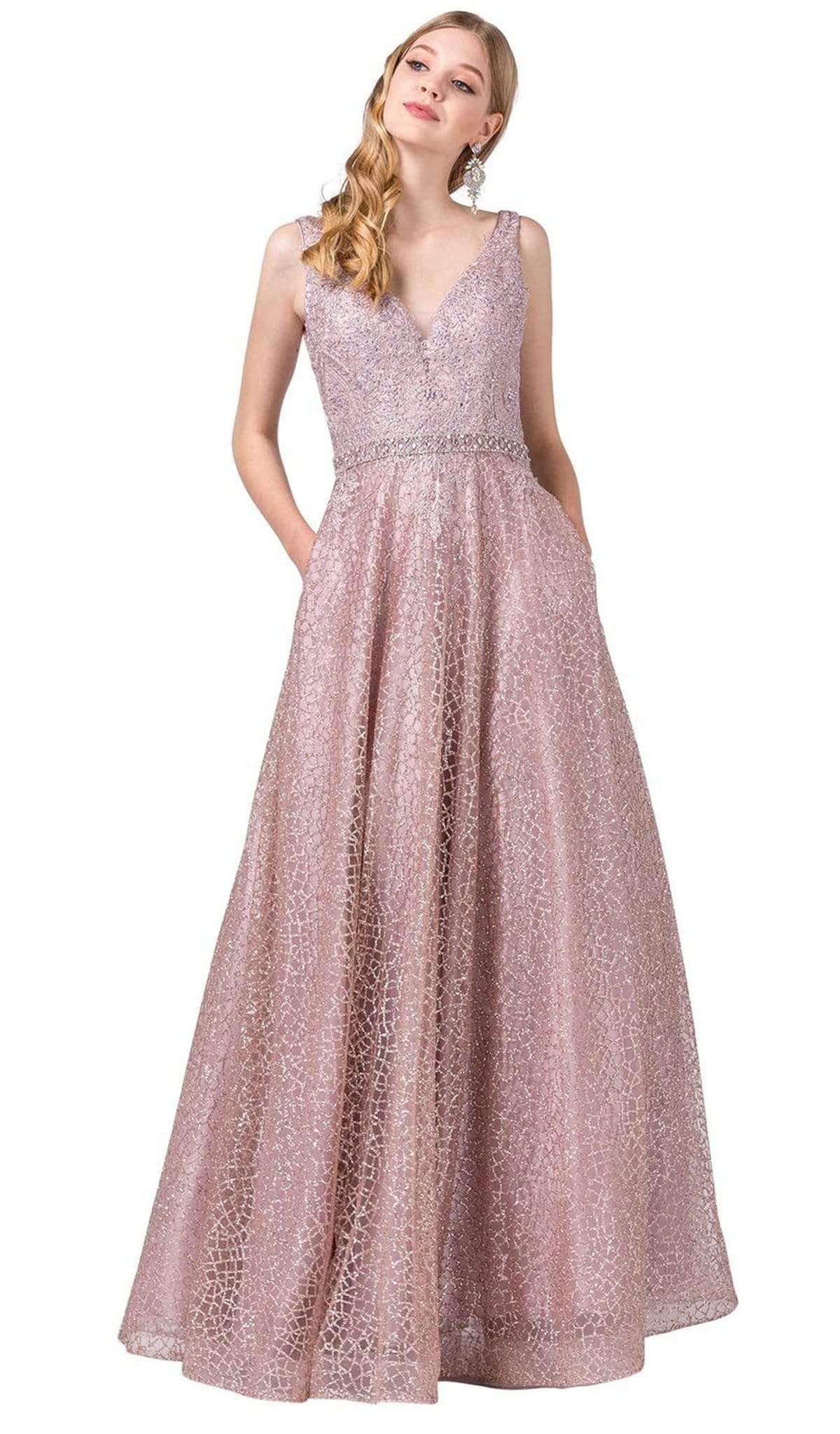 Dancing Queen - 2775 Embellished V-neck Long A-line Dress Special Occasion Dress XS / Rose Gold