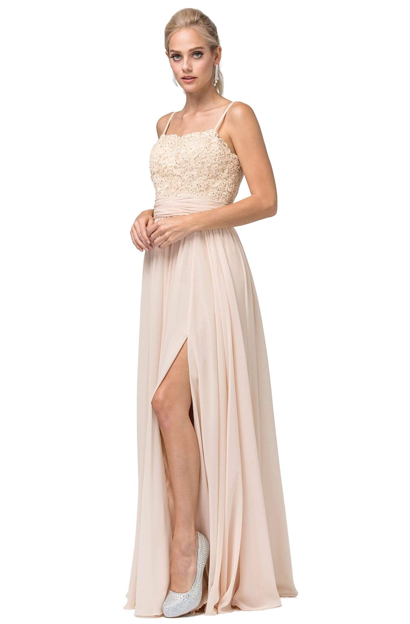 Dancing Queen - 2789 Beaded Lace Embroidery Square Neck A-Line Gown Bridesmaid Dresses XS / Champagne