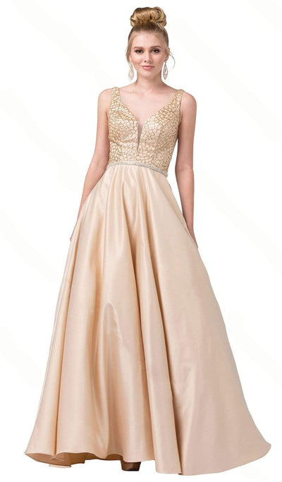 Dancing Queen - 2805 Plunging V-Neck A-Line Prom Gown Special Occasion Dress XS / Champagne