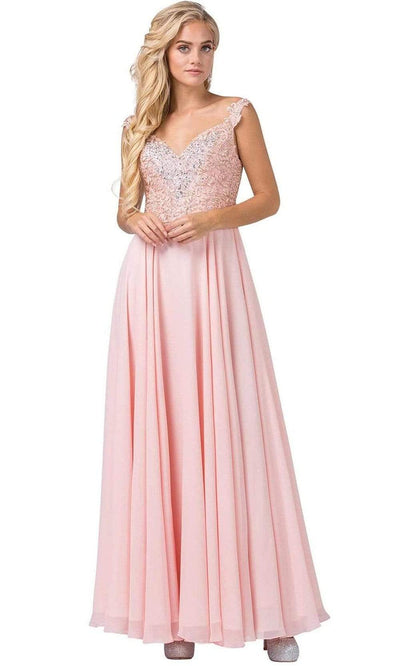 Dancing Queen - 2818 Beaded Lace Bodice Lace-Up Back Chiffon Gown Prom Dresses XS / Blush