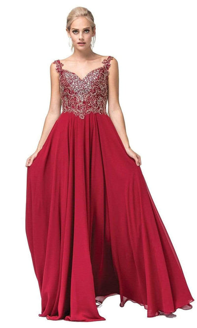 Dancing Queen - 2818 Beaded Lace Bodice Lace-Up Back Chiffon Gown Prom Dresses XS / Burgundy