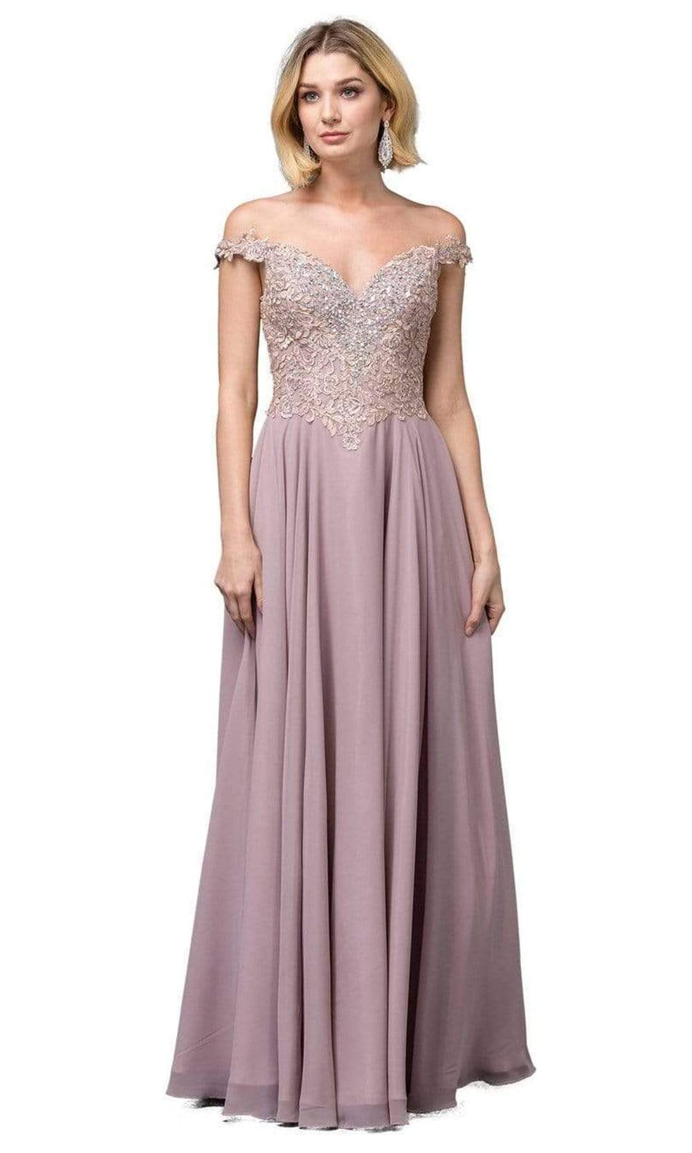 Dancing Queen - 2818 Beaded Lace Bodice Lace-Up Back Chiffon Gown Prom Dresses XS / Mocha