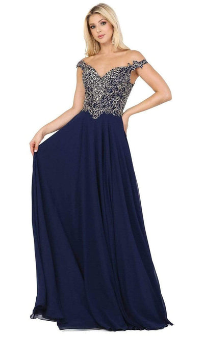 Dancing Queen - 2818 Beaded Lace Bodice Lace-Up Back Chiffon Gown Prom Dresses XS / Navy