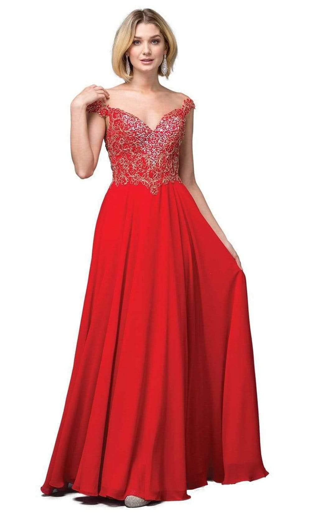 Dancing Queen - 2818 Beaded Lace Bodice Lace-Up Back Chiffon Gown Prom Dresses XS / Red