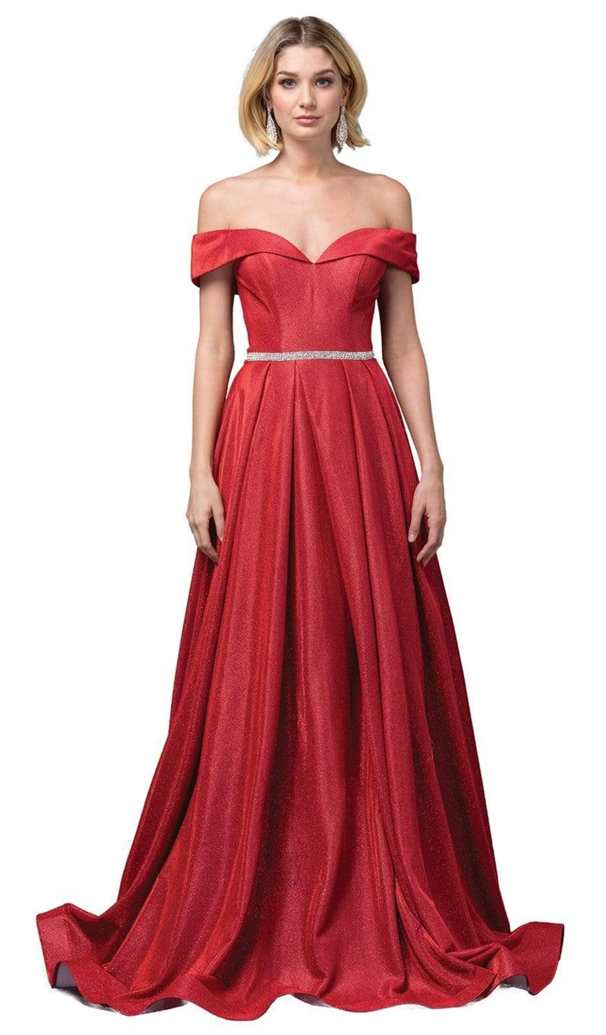 Dancing Queen - 2824 Iridescent Off Shoulder Gown with High Slit Evening Dresses XS / Red