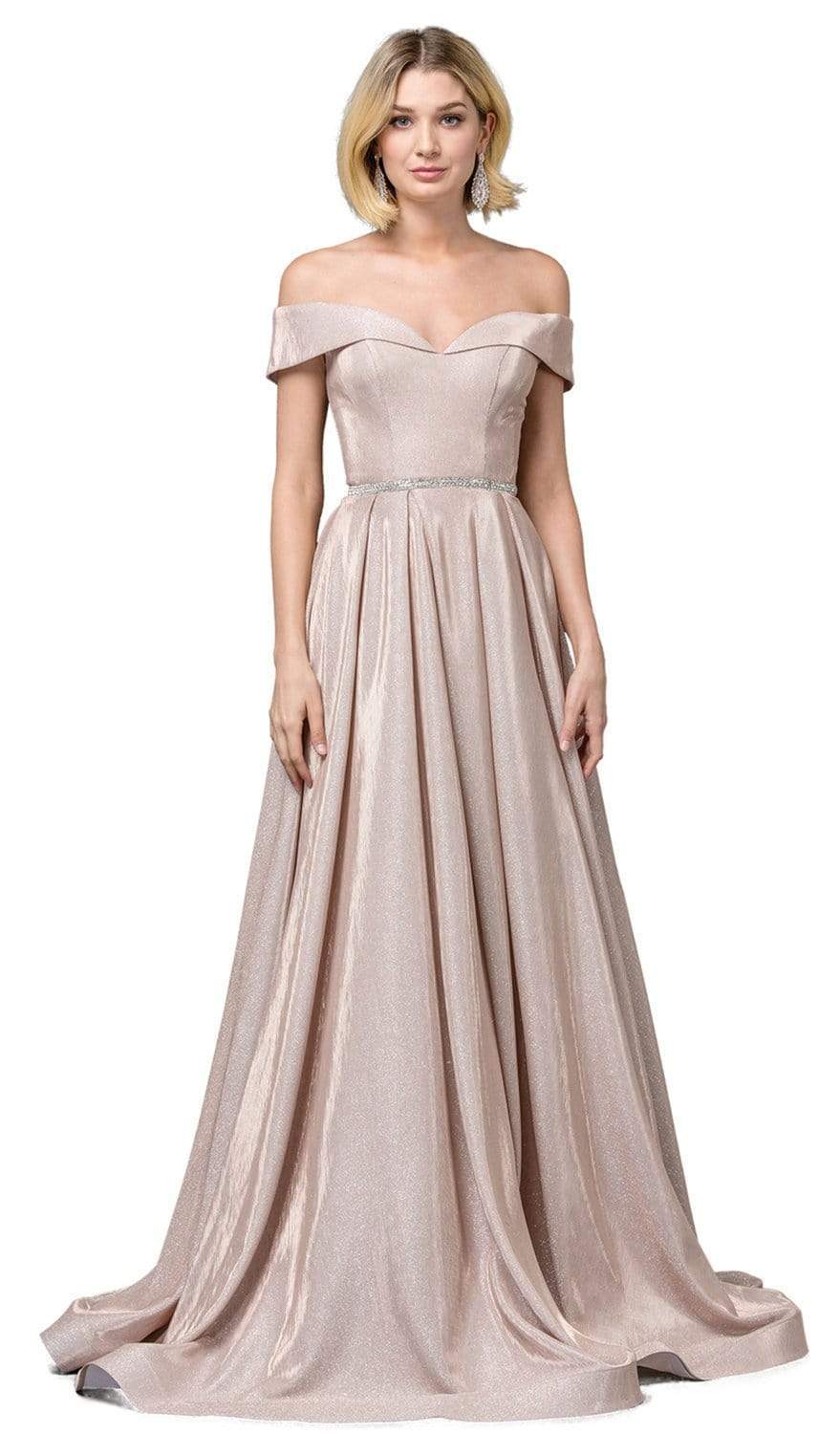 Dancing Queen - 2824 Iridescent Off Shoulder Gown with High Slit Evening Dresses XS / Rose Gold