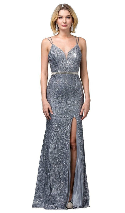 Dancing Queen - 2826 Glitter Plunging V Neck Gown with Slit Prom Dresses XS / Steel Blue