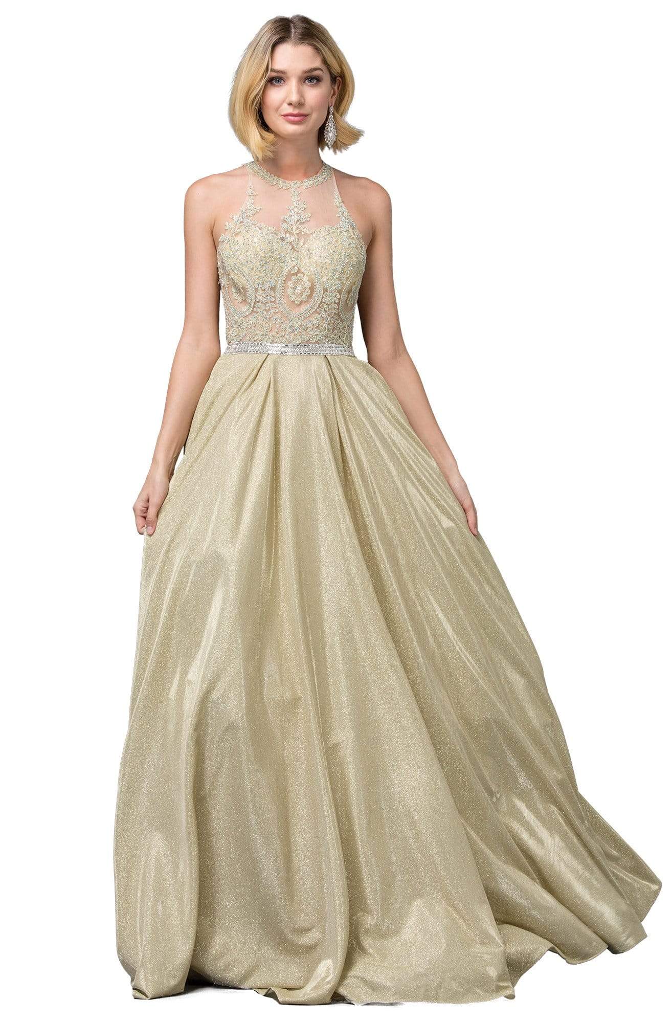 Dancing Queen - 2829 Embroidered Halter Neck Ballgown Evening Dresses XS / Light Yellow