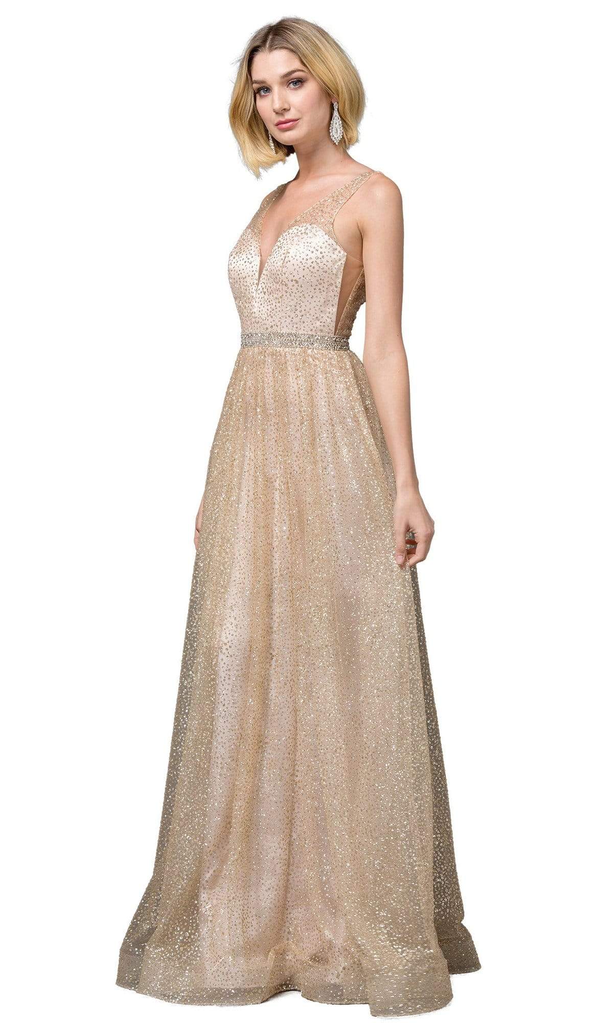 Dancing Queen - 2834 Plunging V-Neck A-Line Evening Gown Evening Dresses XS / Gold