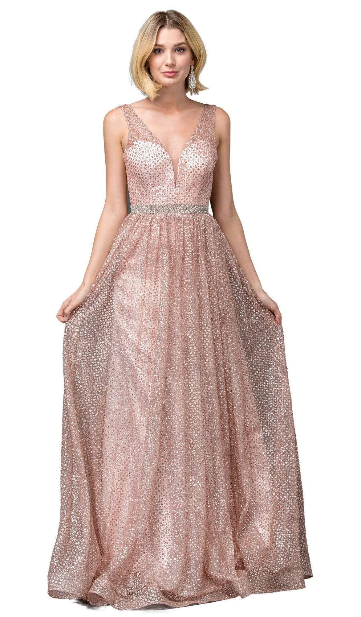 Dancing Queen - 2834 Plunging V-Neck A-Line Evening Gown Evening Dresses XS / Rose Gold