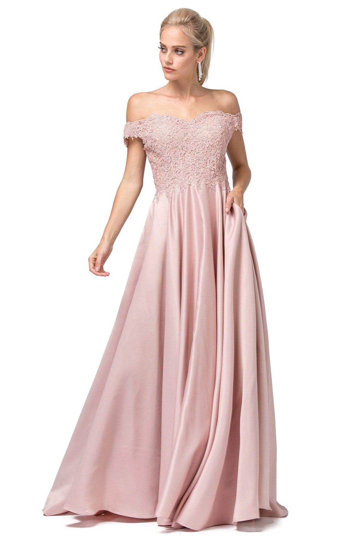 Dancing Queen - 2837 Embroidered Off-Shoulder Long A-line Dress Evening Dresses XS / Rose Gold