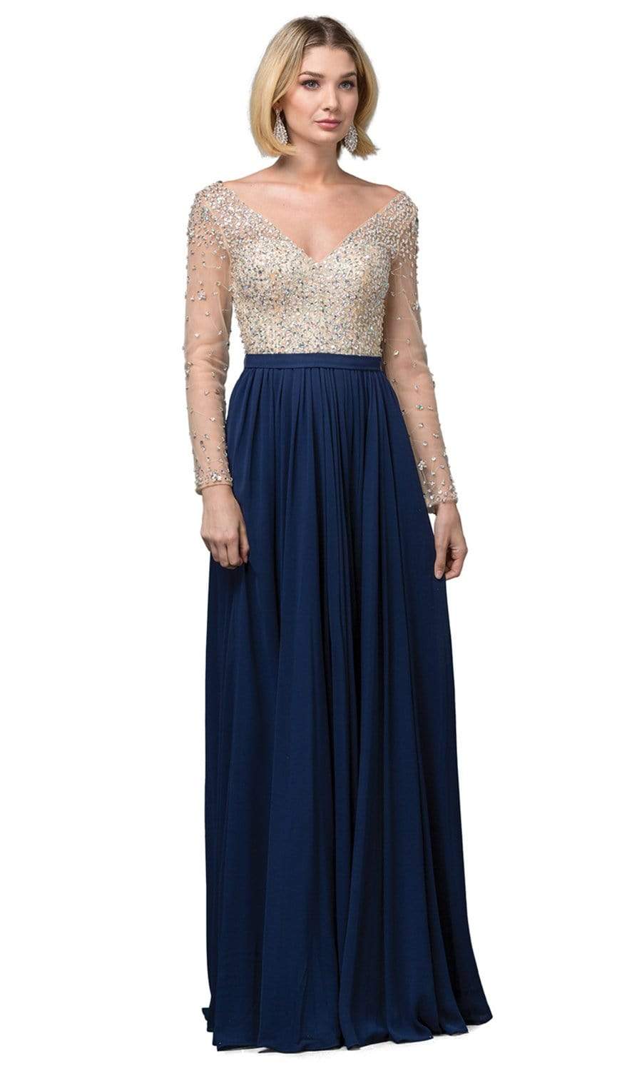 Dancing Queen - 2839 Long Sleeve Beaded Bodice A-Line Dress Prom Dresses XS / Navy