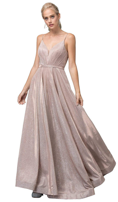 Dancing Queen - 2867 Sleeveless Plunging V-neck A-line Gown Prom Dresses XS / Rose Gold