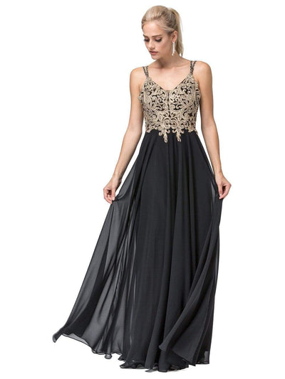 Dancing Queen - 2890 Embroidered Plunging V-neck A-line Dress Evening Dresses XS / Black/Gold
