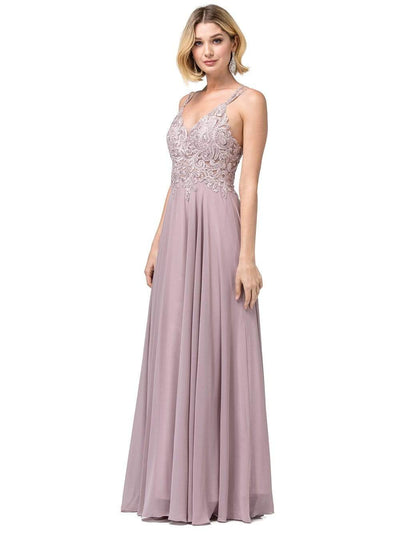 Dancing Queen - 2890 Embroidered Plunging V-neck A-line Dress Evening Dresses XS / Mocha
