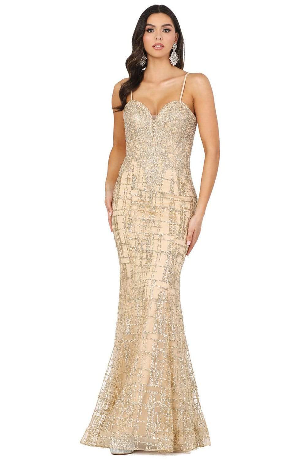 Dancing Queen - 2910 Appliqued Bodice Glitter Accented Mermaid Gown Prom Dresses XS / Gold