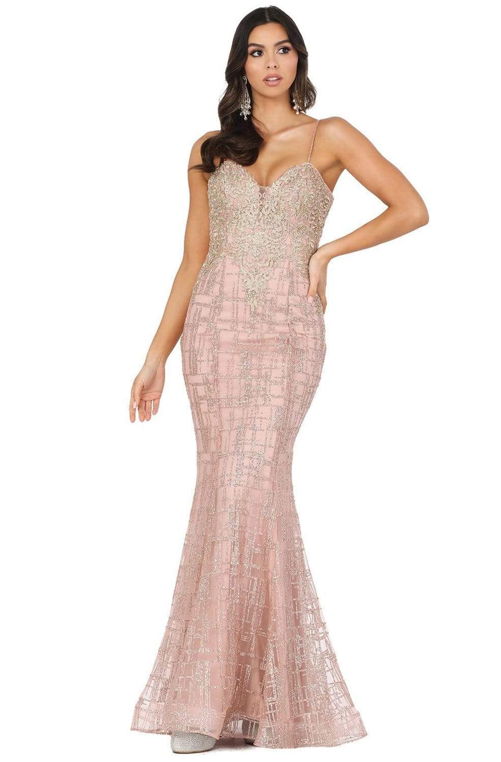 Dancing Queen - 2910 Appliqued Bodice Glitter Accented Mermaid Gown Prom Dresses XS / Rose Gold