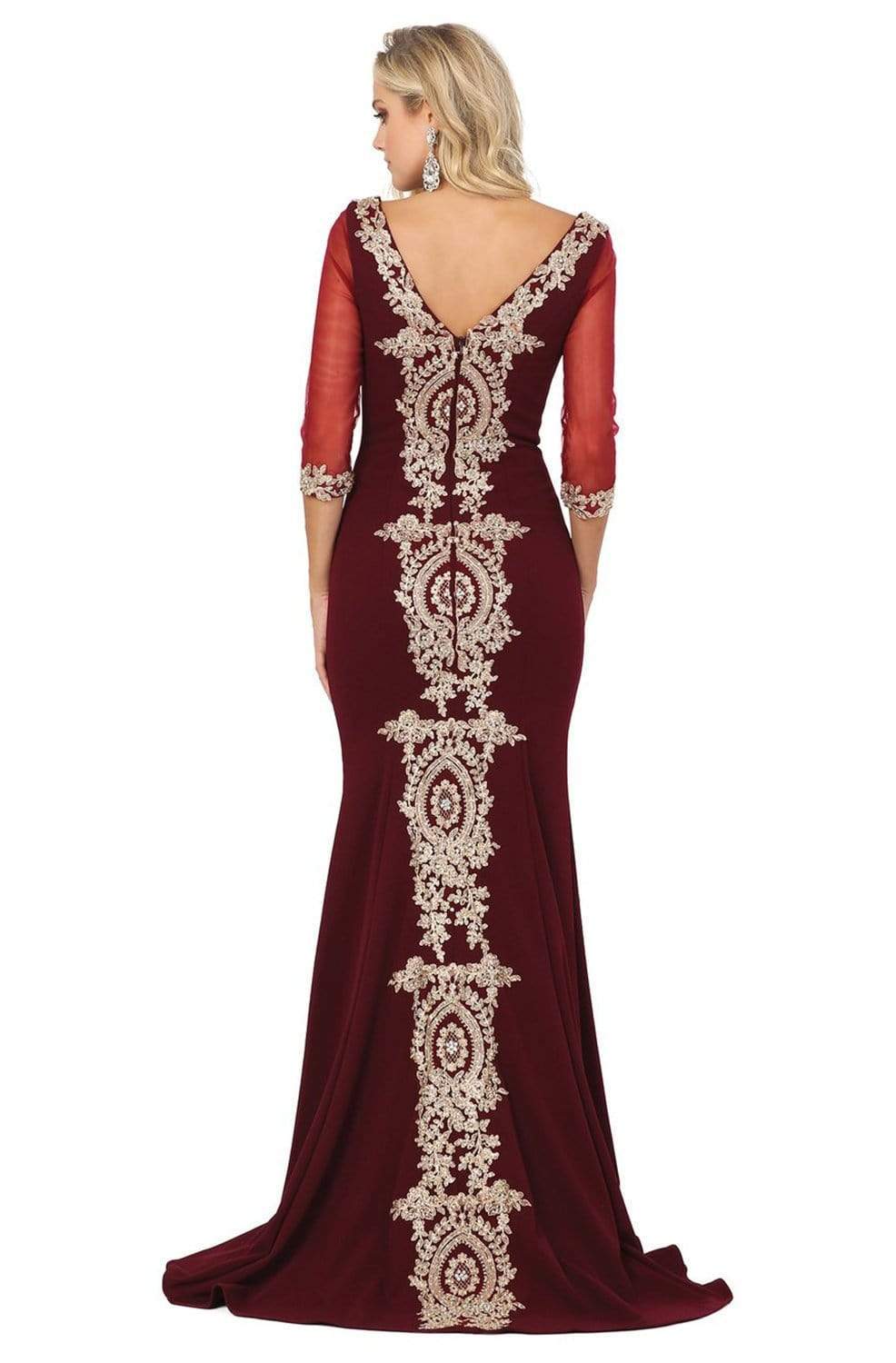 Dancing Queen Danq_2911 - Long Mermaid Dress - Quarter Length Sleeves, Sheer Sleeves, Lace Appliqued Bodice, V Back, Back Zipper Closure, Sweep Train ADASA Dancing Queen Danq_2911 - Long Mermaid Dress - Quarter Length Sleeves, Sheer Sleeves, Lace Appliqued Bodice, V Back, Back Zipper Closure, Sweep Train ADASA