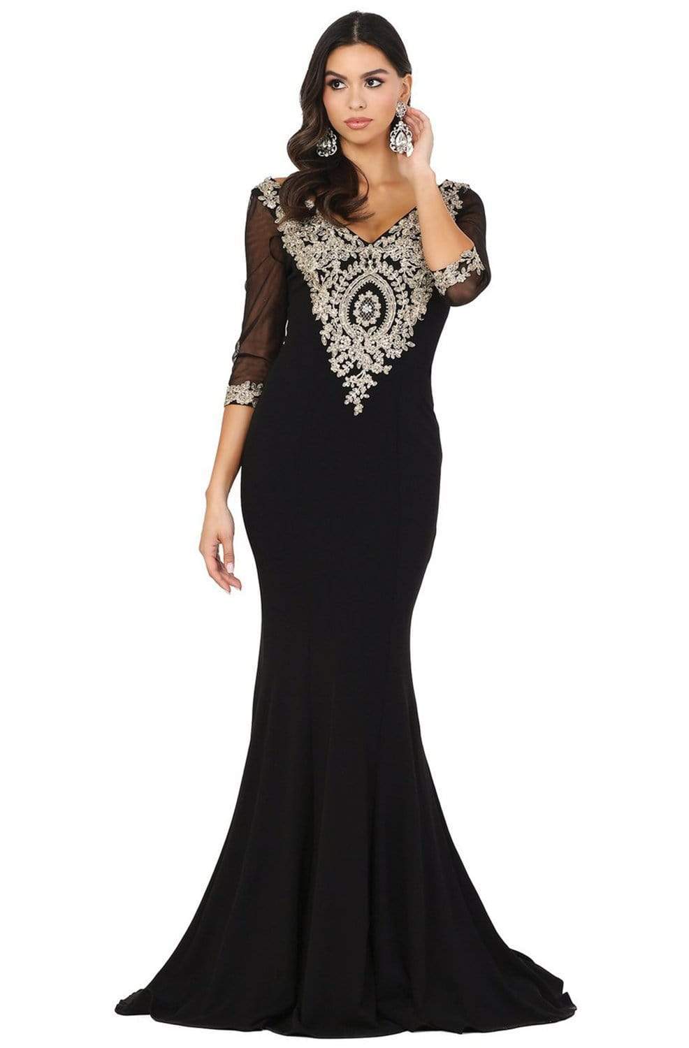 Dancing Queen - 2911 Lace Appliqued V Neck Mermaid Prom Dress Prom Dresses XS / Black