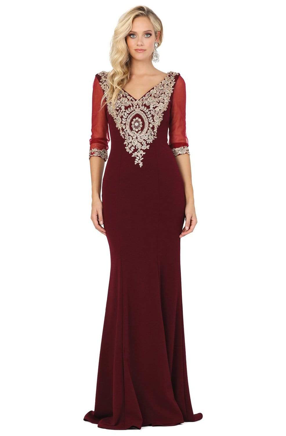 Dancing Queen - 2911 Lace Appliqued V Neck Mermaid Prom Dress Prom Dresses XS / Burgundy