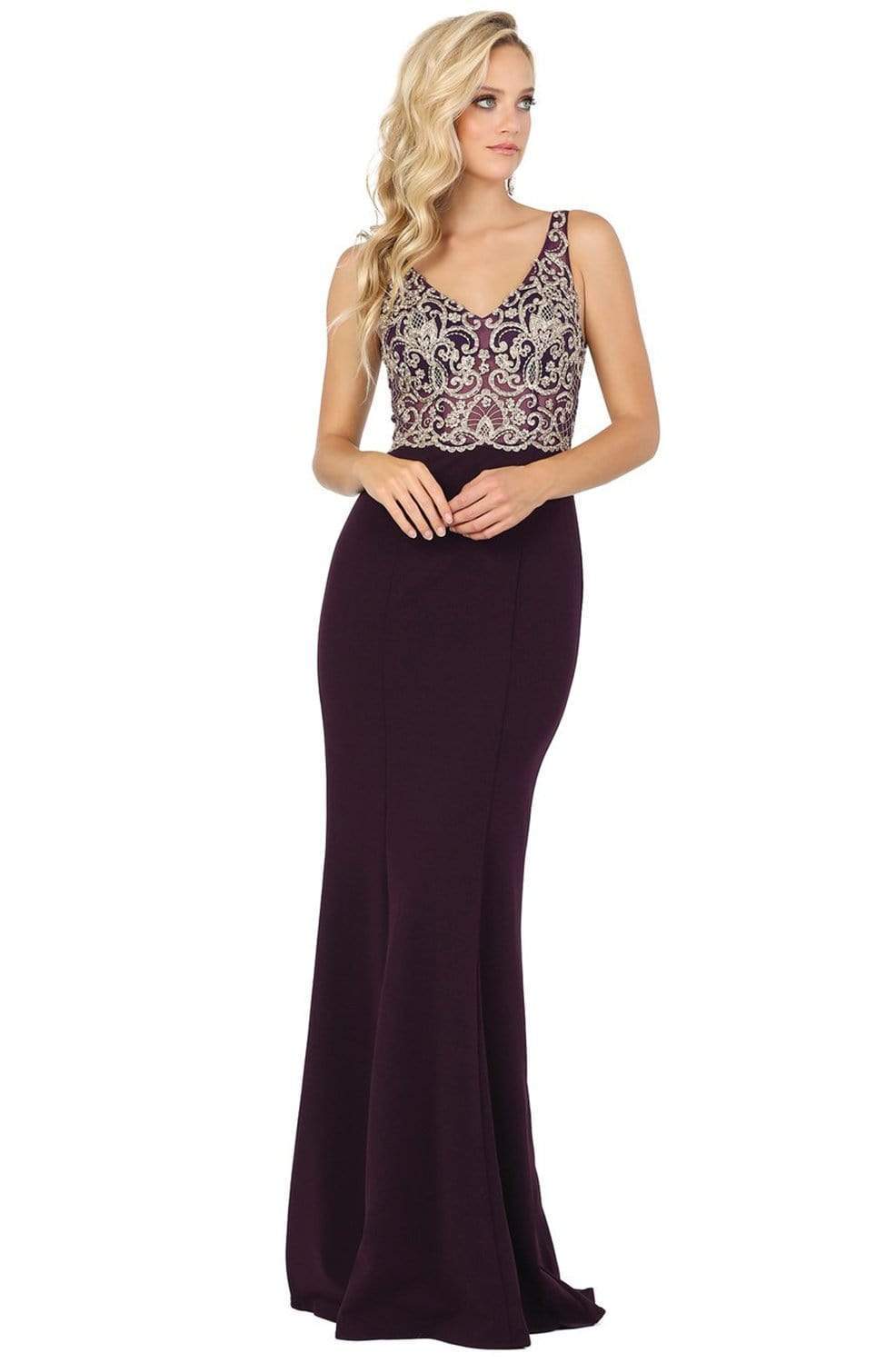 Dancing Queen - 2912 Sleeveless V Neck Lace Applique Long Prom Dress Evening Dresses XS / Plum