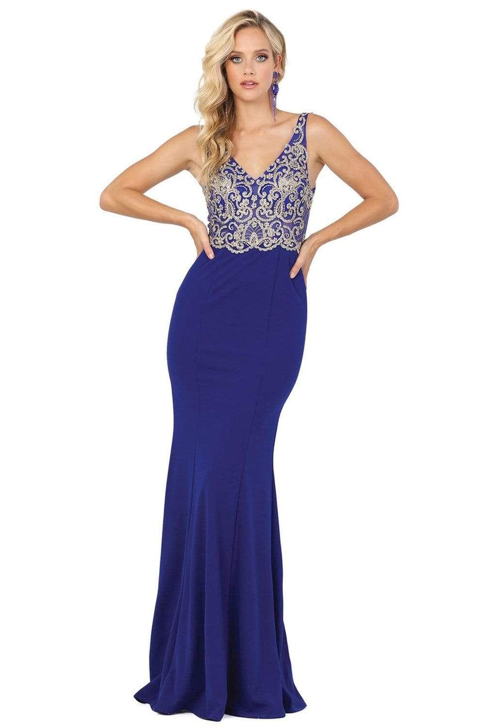 Dancing Queen - 2912 Sleeveless V Neck Lace Applique Long Prom Dress Evening Dresses XS / Royal Blue