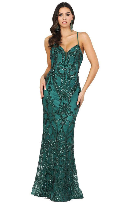 Dancing Queen - Sequined Lace-Up Back Sheath Dress 2914SC In Green
